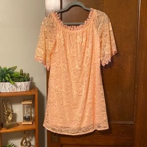 Gorgeous coral lace off shoulder dress 😍😍😍